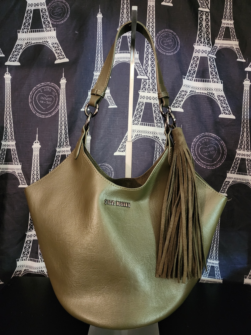Steve Madden Olive Green Leather Hobo Bag with Tassel